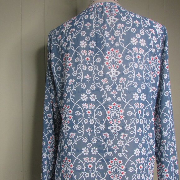 Ann Taylor Loft Sheer Blouse XS Ruffle Floral Blue Red White Long Sleeve - Picture 9 of 11
